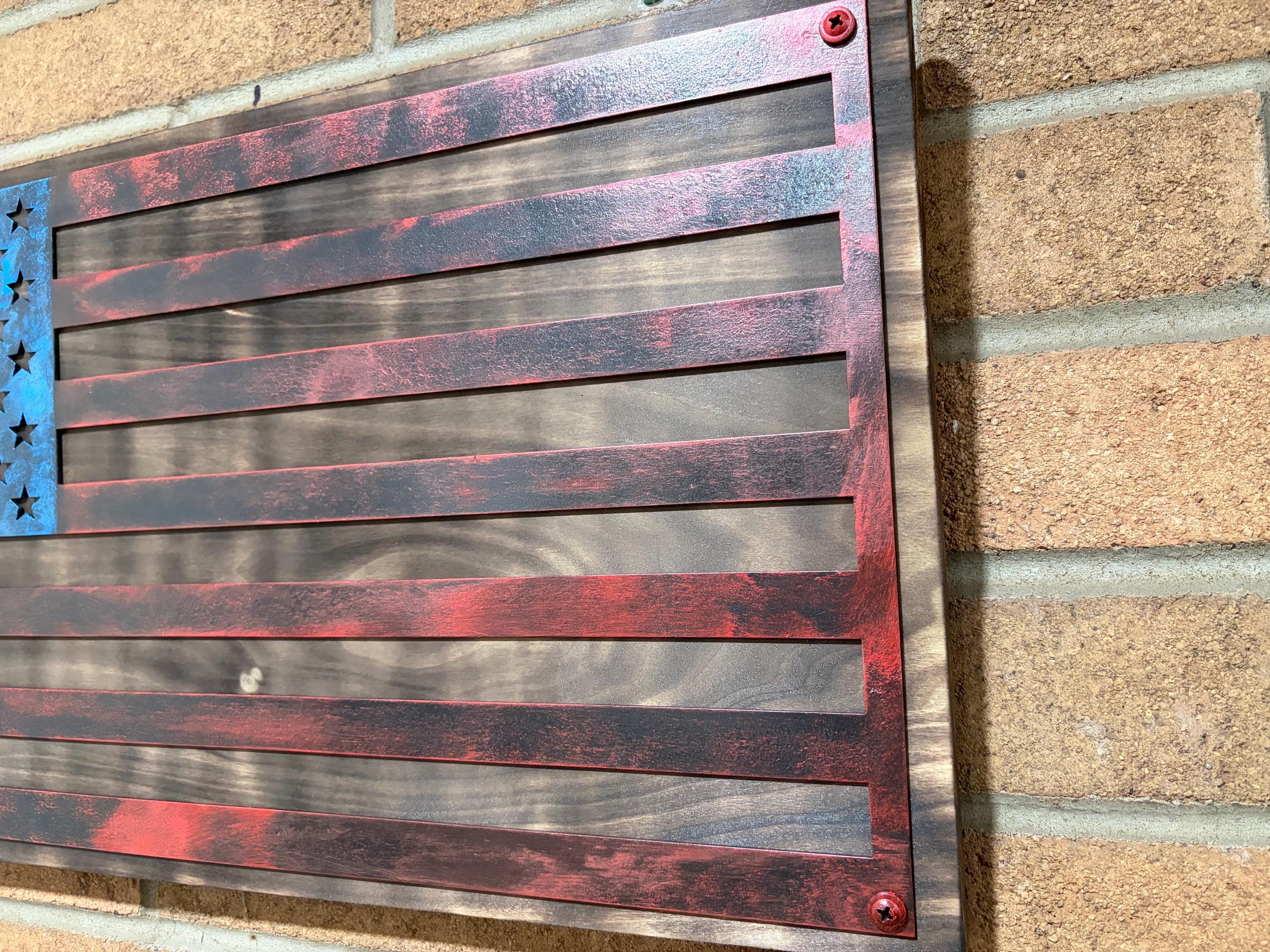 The Forged Line Hand Glazed Steel American Flag Wall Art - Veteran Gift, Rustic Wood Flag