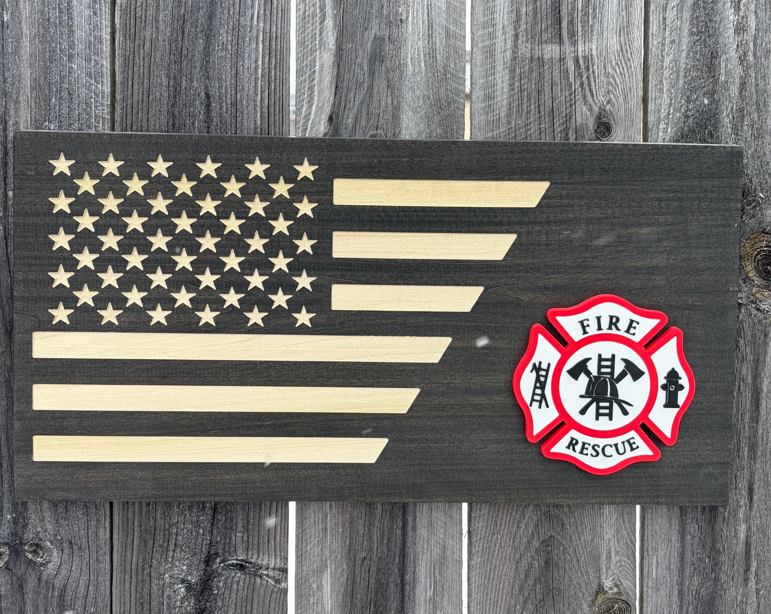 3D Firefighter Rustic Wooden Flag