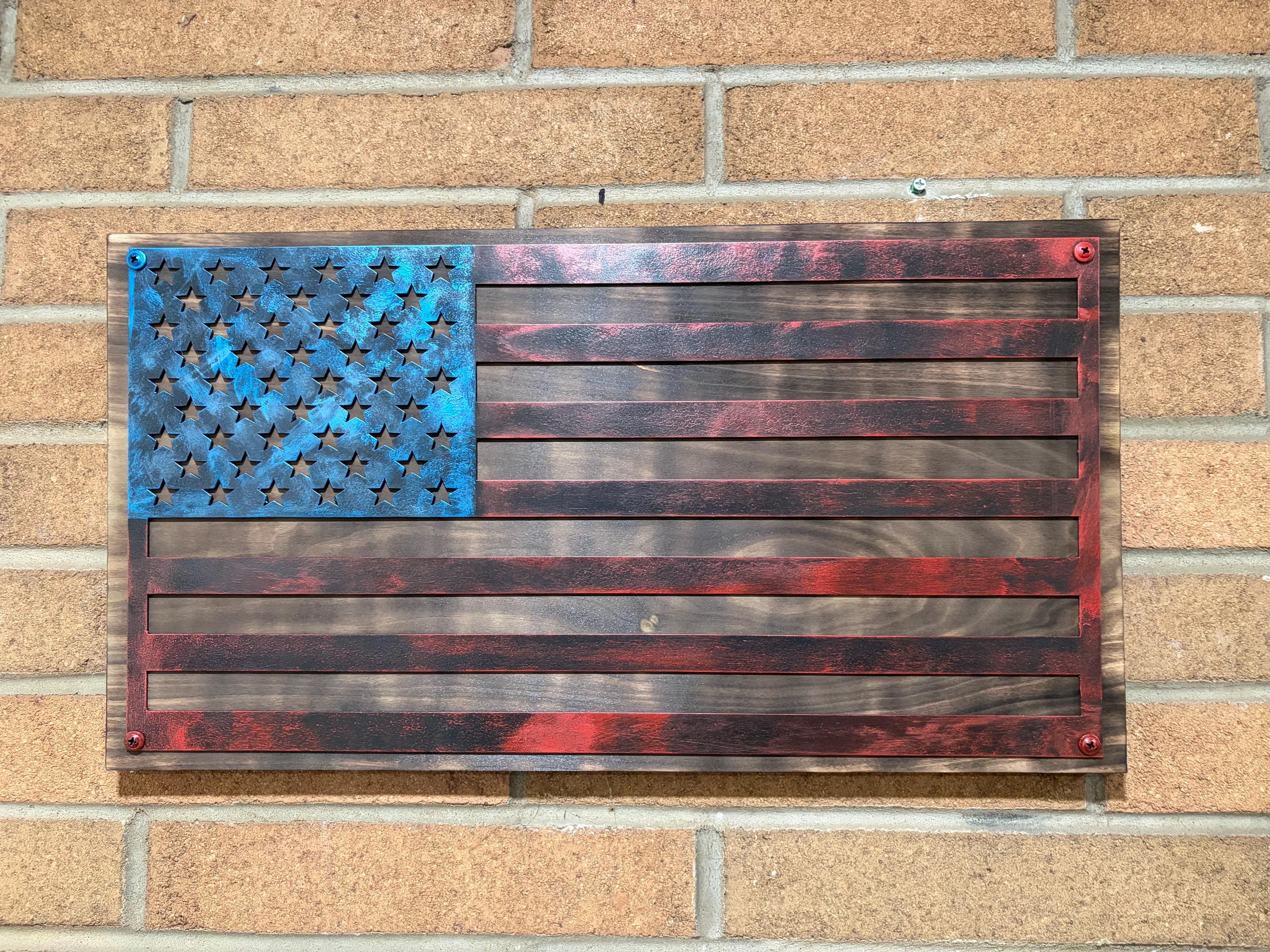 The Forged Line Hand Glazed Steel American Flag Wall Art - Veteran Gift, Rustic Wood Flag