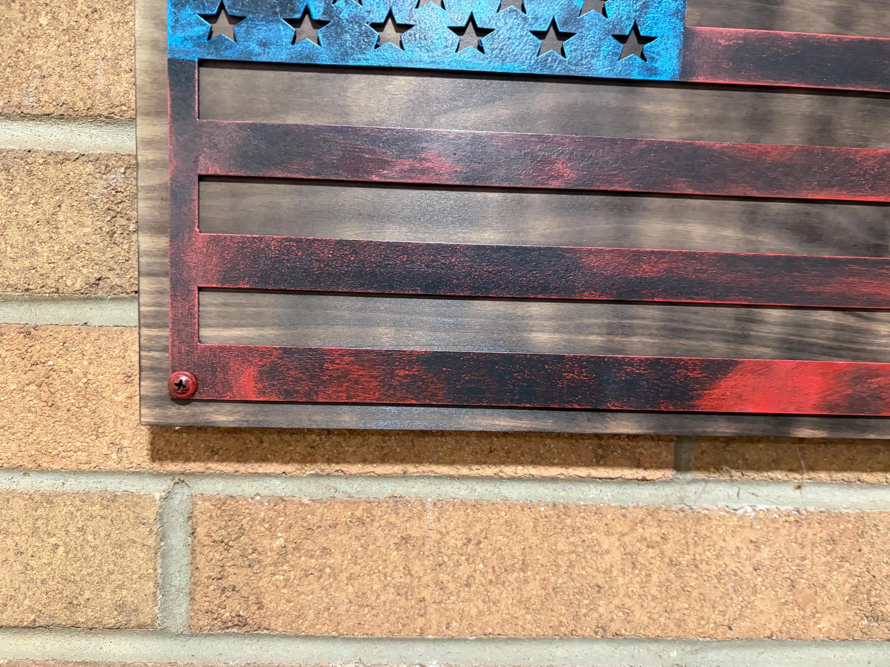 The Forged Line Hand Glazed Steel American Flag Wall Art - Veteran Gift, Rustic Wood Flag